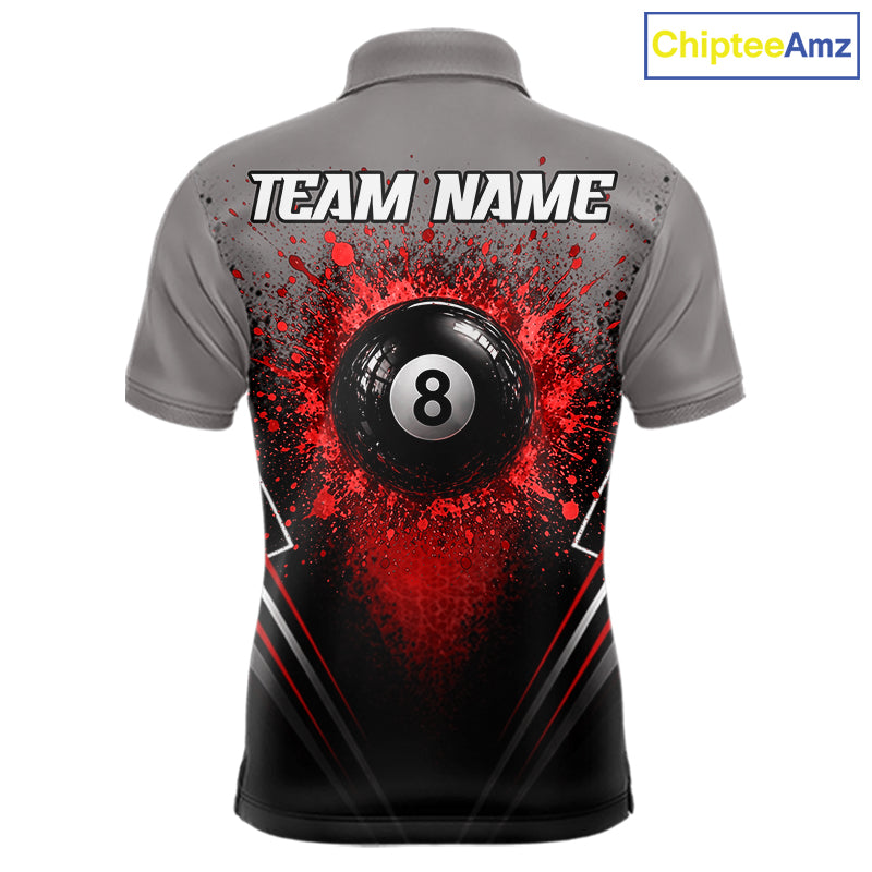 Personalized Grey And Red Splatter 8 Ball Pool Billiard Shirt Custom Billiard Team Jersey