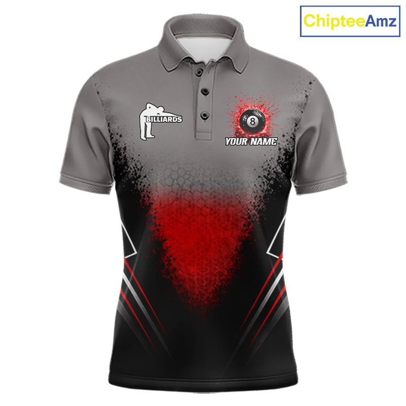 Personalized Grey And Red Splatter 8 Ball Pool Billiard Shirt Custom Billiard Team Jersey