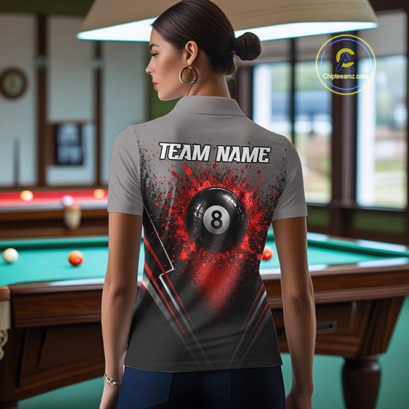 Personalized Grey And Red Splatter 8 Ball Pool Billiard Shirt Custom Billiard Team Jersey