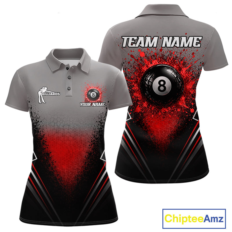 Personalized Grey And Red Splatter 8 Ball Pool Billiard Shirt Custom Billiard Team Jersey