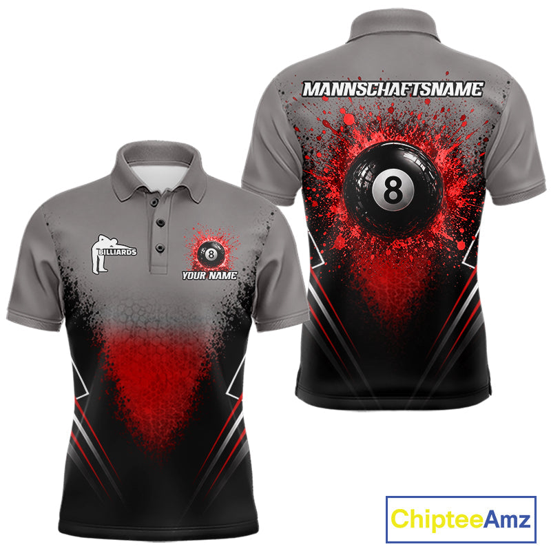 Personalized Grey And Red Splatter 8 Ball Pool Billiard Shirt Custom Billiard Team Jersey