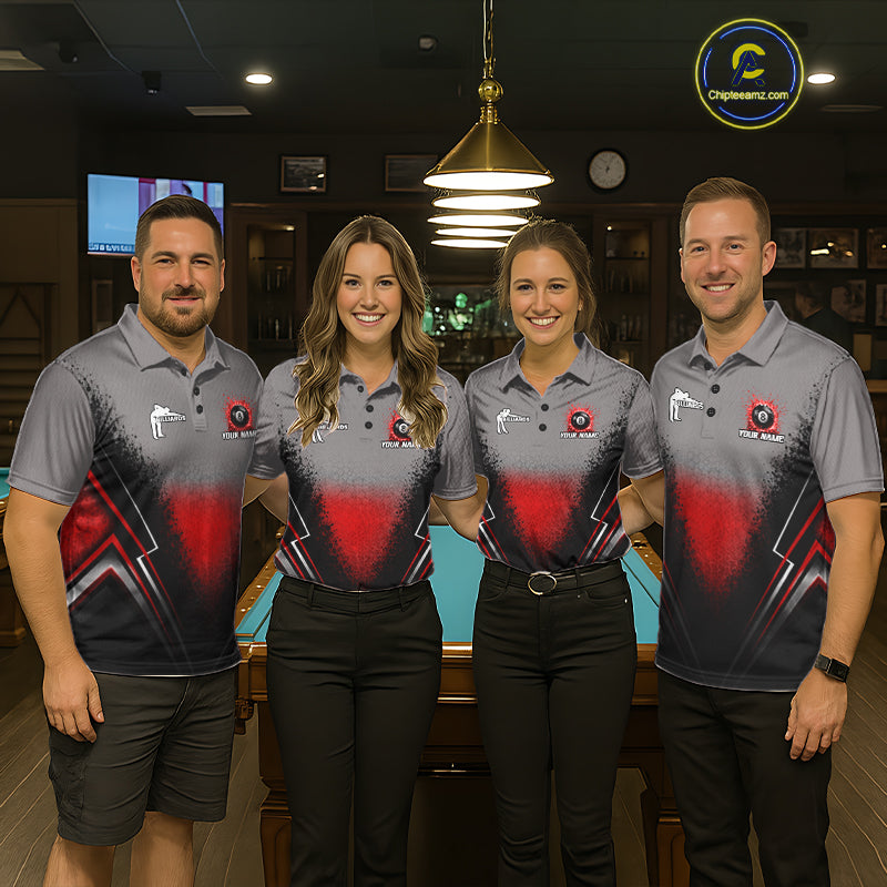 Personalized Grey And Red Splatter 8 Ball Pool Billiard Shirt Custom Billiard Team Jersey