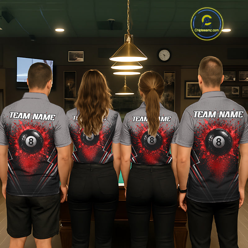 Personalized Grey And Red Splatter 8 Ball Pool Billiard Shirt Custom Billiard Team Jersey