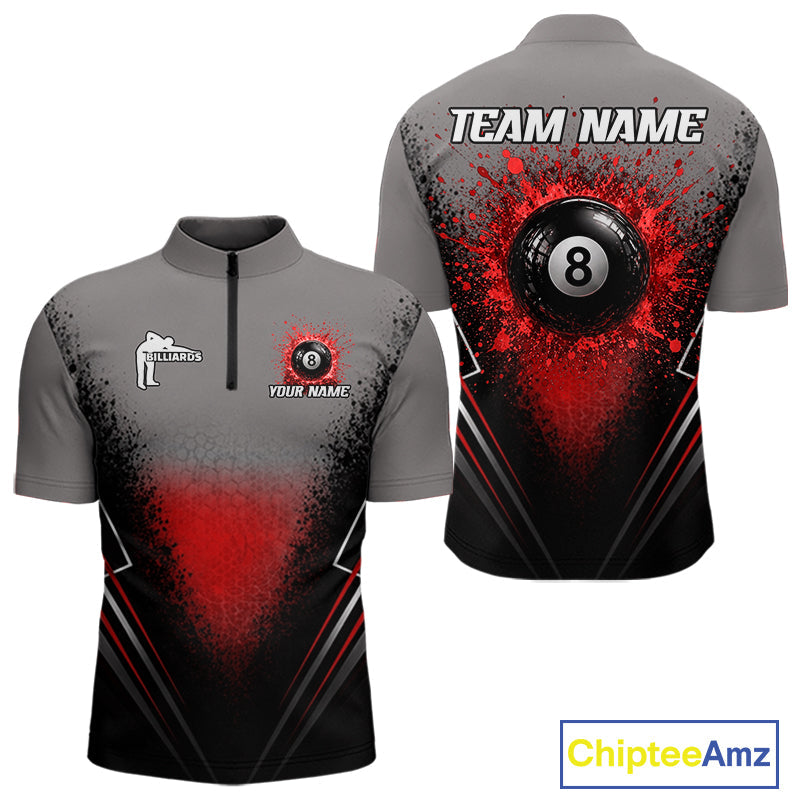 Personalized Grey And Red Splatter 8 Ball Pool Billiard Shirt Custom Billiard Team Jersey