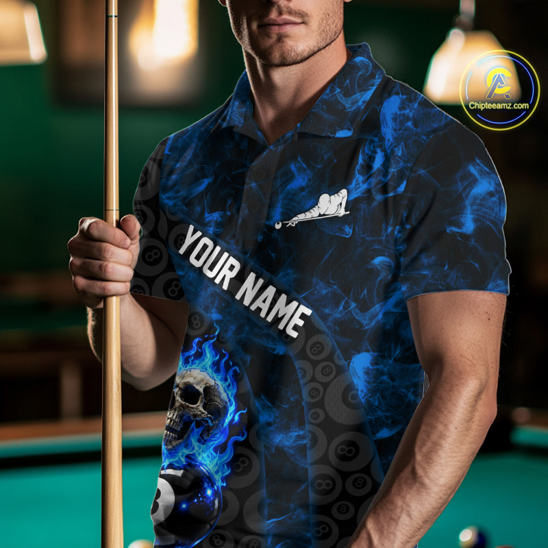 Blue Flaming Skull 8 Ball Pool Billiard Team Shirt Custom Flame Billiard Ball & Cue Gifts