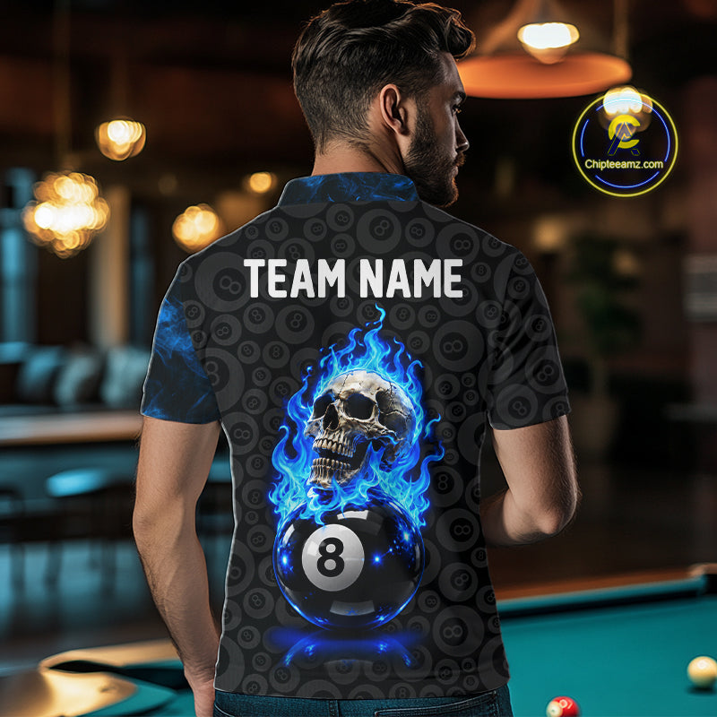Blue Flaming Skull 8 Ball Pool Billiard Team Shirt Custom Flame Billiard Ball & Cue Gifts
