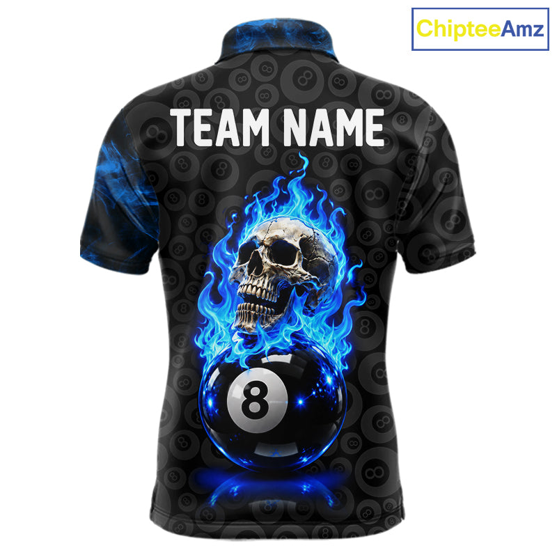 Blue Flaming Skull 8 Ball Pool Billiard Team Shirt Custom Flame Billiard Ball & Cue Gifts
