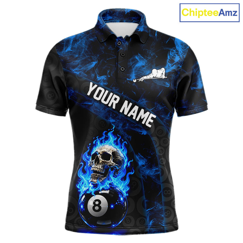 Blue Flaming Skull 8 Ball Pool Billiard Team Shirt Custom Flame Billiard Ball & Cue Gifts