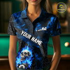 Blue Flaming Skull 8 Ball Pool Billiard Team Shirt Custom Flame Billiard Ball & Cue Gifts