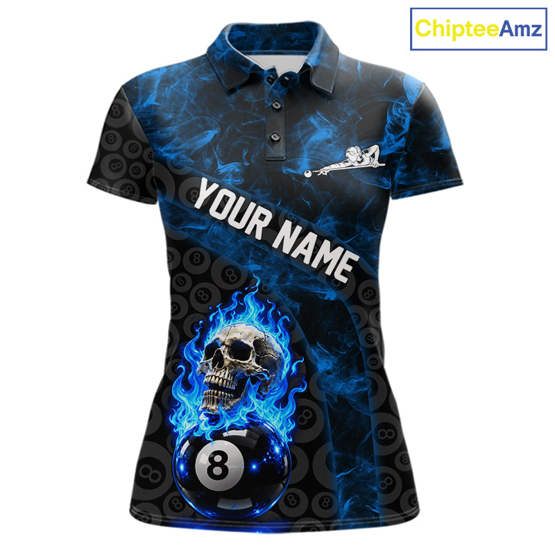 Blue Flaming Skull 8 Ball Pool Billiard Team Shirt Custom Flame Billiard Ball & Cue Gifts