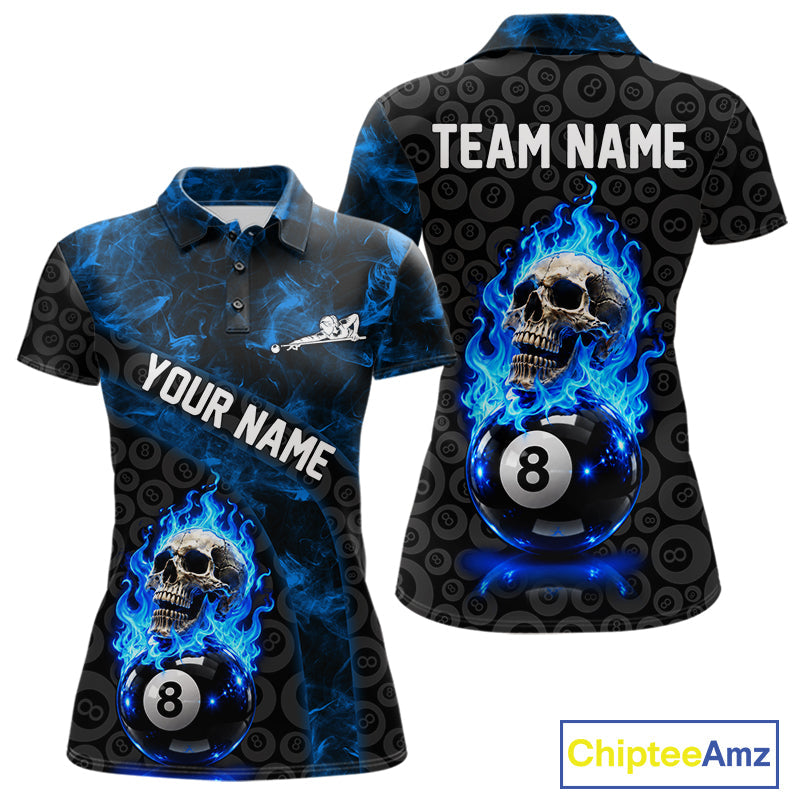 Blue Flaming Skull 8 Ball Pool Billiard Team Shirt Custom Flame Billiard Ball & Cue Gifts