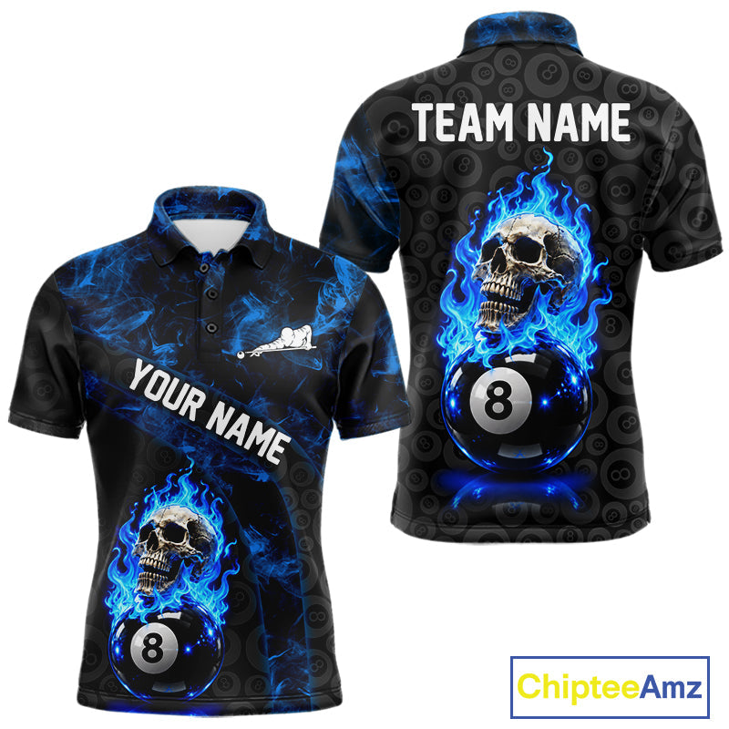 Blue Flaming Skull 8 Ball Pool Billiard Team Shirt Custom Flame Billiard Ball & Cue Gifts
