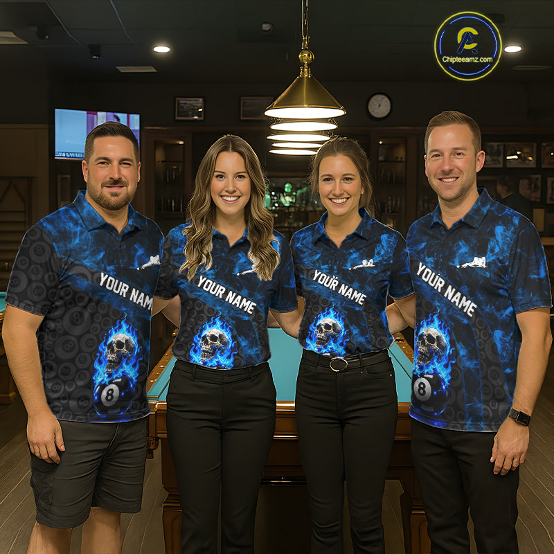 Blue Flaming Skull 8 Ball Pool Billiard Team Shirt Custom Flame Billiard Ball & Cue Gifts