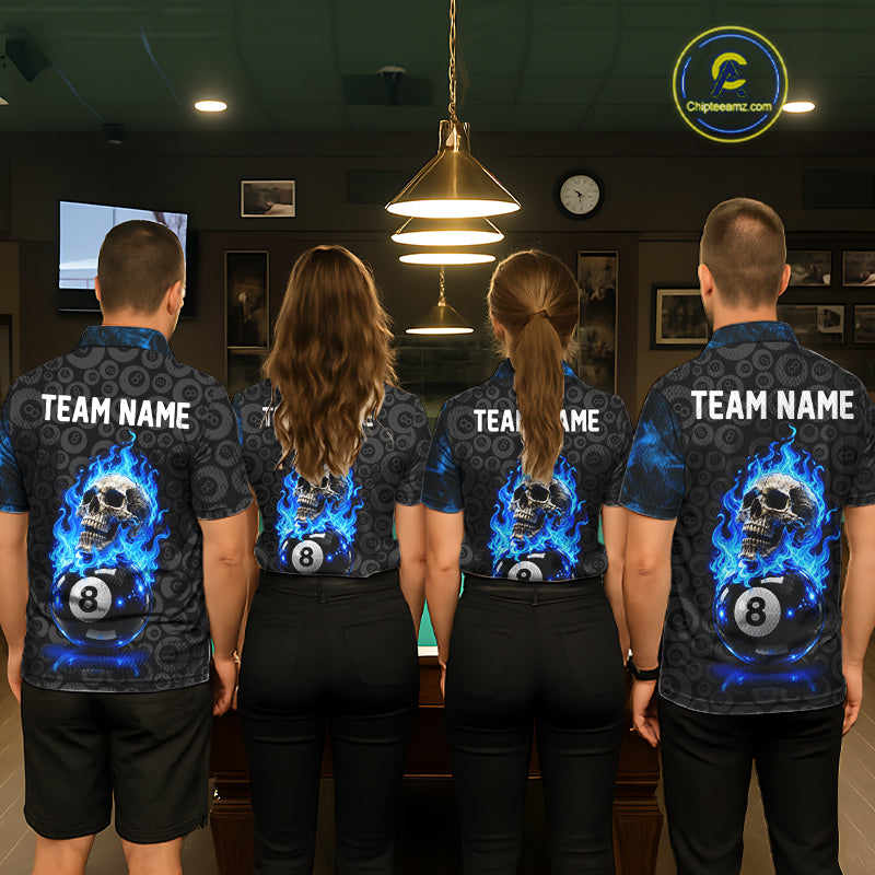 Blue Flaming Skull 8 Ball Pool Billiard Team Shirt Custom Flame Billiard Ball & Cue Gifts