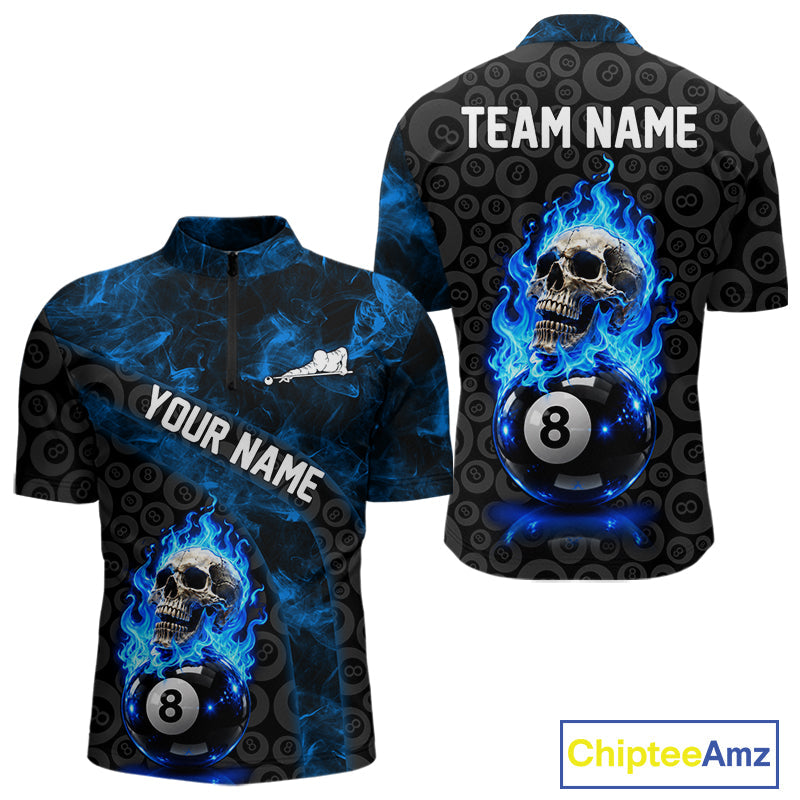 Blue Flaming Skull 8 Ball Pool Billiard Team Shirt Custom Flame Billiard Ball & Cue Gifts