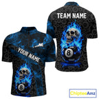 Blue Flaming Skull 8 Ball Pool Billiard Team Shirt Custom Flame Billiard Ball & Cue Gifts