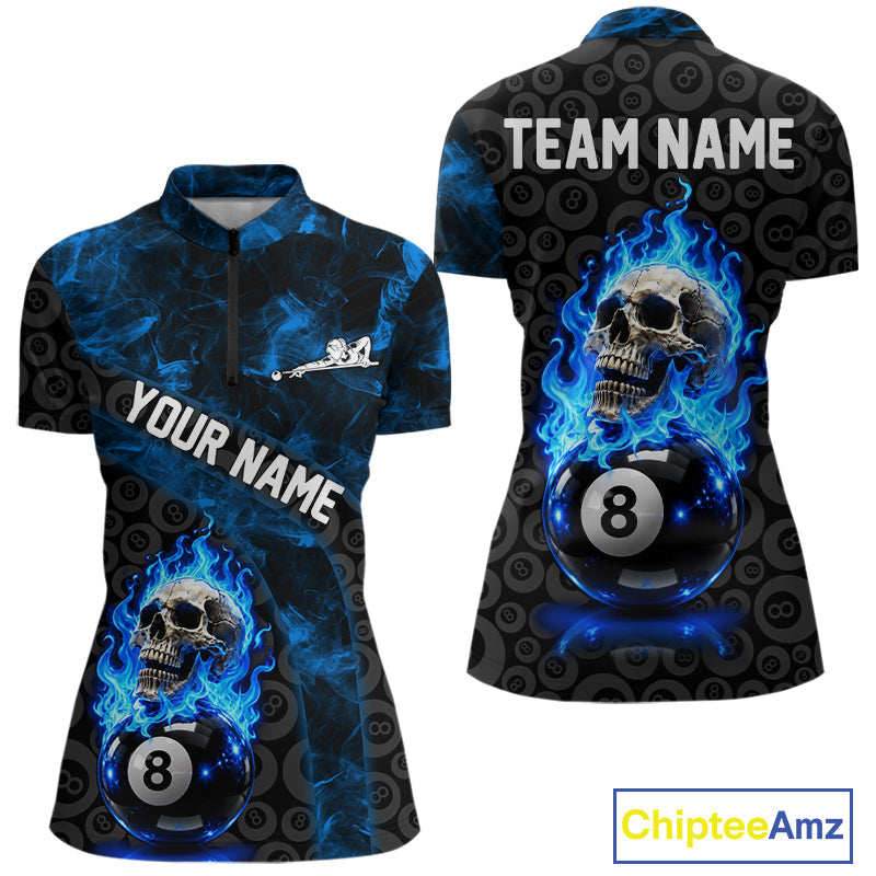 Blue Flaming Skull 8 Ball Pool Billiard Team Shirt Custom Flame Billiard Ball & Cue Gifts