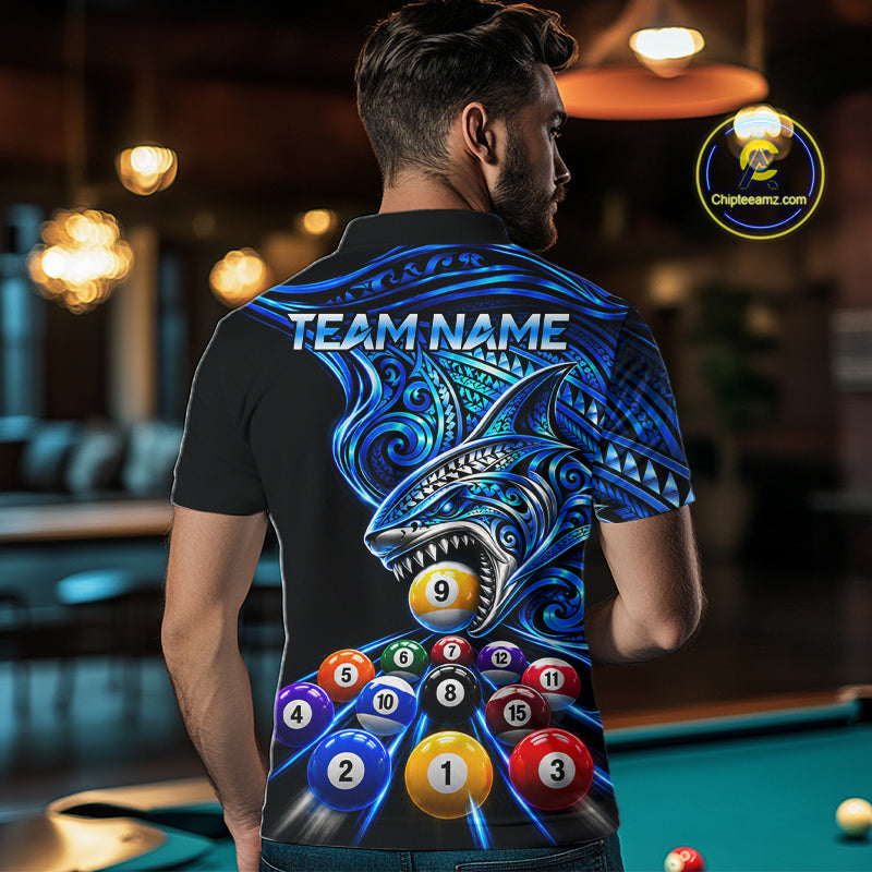 Blue Tribal Shark 8 Ball & 9 Ball Pool Polo 1/4-Zip Custom Polynesian Billiard Team Jersey
