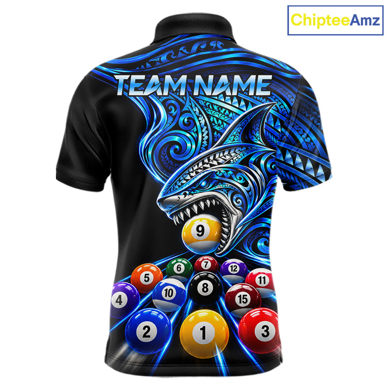Blue Tribal Shark 8 Ball & 9 Ball Pool Polo 1/4-Zip Custom Polynesian Billiard Team Jersey