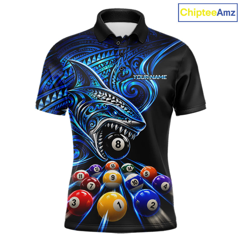 Blue Tribal Shark 8 Ball & 9 Ball Pool Polo 1/4-Zip Custom Polynesian Billiard Team Jersey