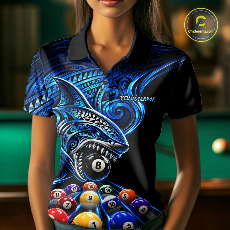Blue Tribal Shark 8 Ball & 9 Ball Pool Polo 1/4-Zip Custom Polynesian Billiard Team Jersey