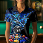 Blue Tribal Shark 8 Ball & 9 Ball Pool Polo 1/4-Zip Custom Polynesian Billiard Team Jersey