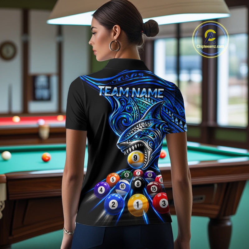 Blue Tribal Shark 8 Ball & 9 Ball Pool Polo 1/4-Zip Custom Polynesian Billiard Team Jersey
