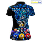 Blue Tribal Shark 8 Ball & 9 Ball Pool Polo 1/4-Zip Custom Polynesian Billiard Team Jersey