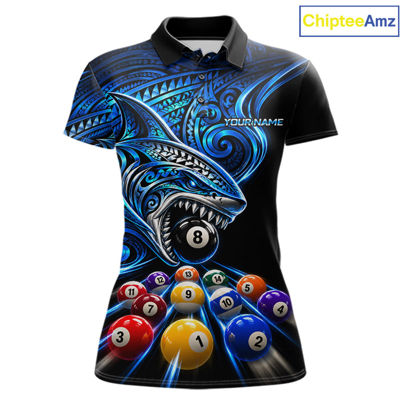 Blue Tribal Shark 8 Ball & 9 Ball Pool Polo 1/4-Zip Custom Polynesian Billiard Team Jersey