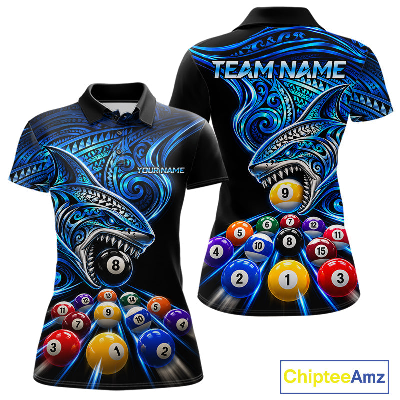 Blue Tribal Shark 8 Ball & 9 Ball Pool Polo 1/4-Zip Custom Polynesian Billiard Team Jersey