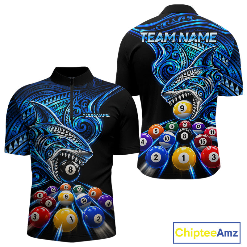 Blue Tribal Shark 8 Ball & 9 Ball Pool Polo 1/4-Zip Custom Polynesian Billiard Team Jersey