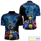 Blue Tribal Shark 8 Ball & 9 Ball Pool Polo 1/4-Zip Custom Polynesian Billiard Team Jersey
