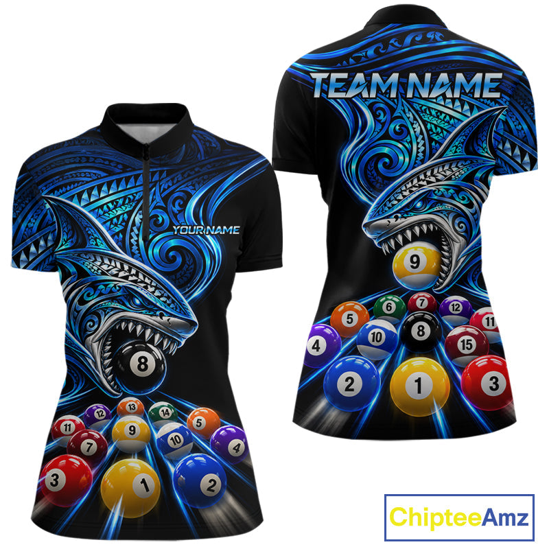 Blue Tribal Shark 8 Ball & 9 Ball Pool Polo 1/4-Zip Custom Polynesian Billiard Team Jersey