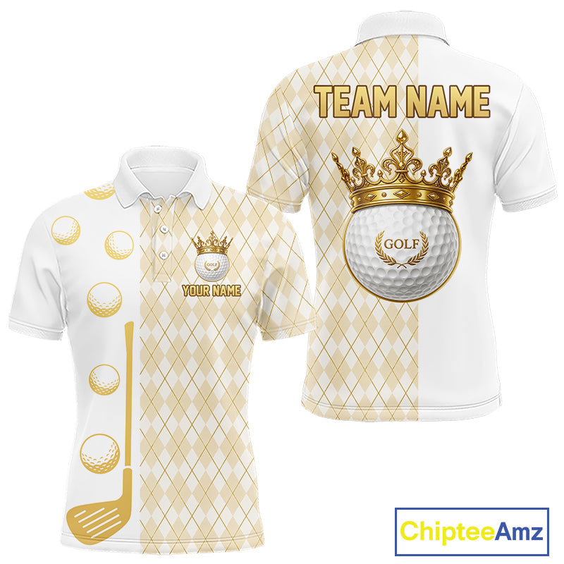 Crown Golf Ball Golf Polo Shirts Custom White And Gold Argyle Pattern Golf Team Attire