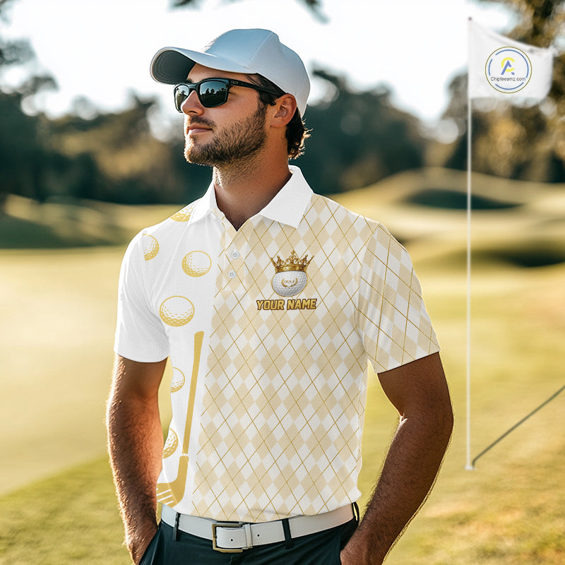 Crown Golf Ball Golf Polo Shirts Custom White And Gold Argyle Pattern Golf Team Attire