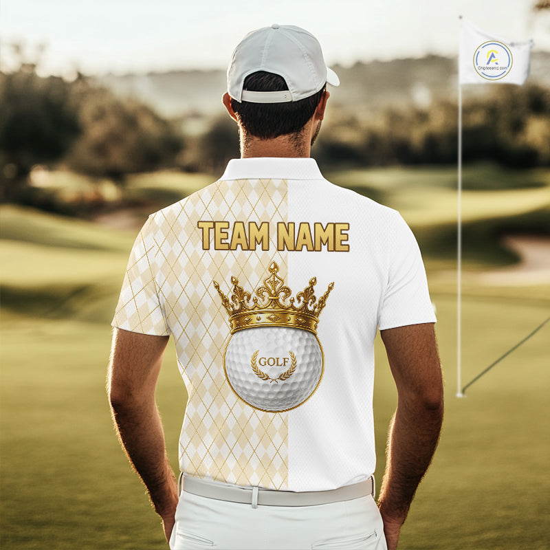 Crown Golf Ball Golf Polo Shirts Custom White And Gold Argyle Pattern Golf Team Attire