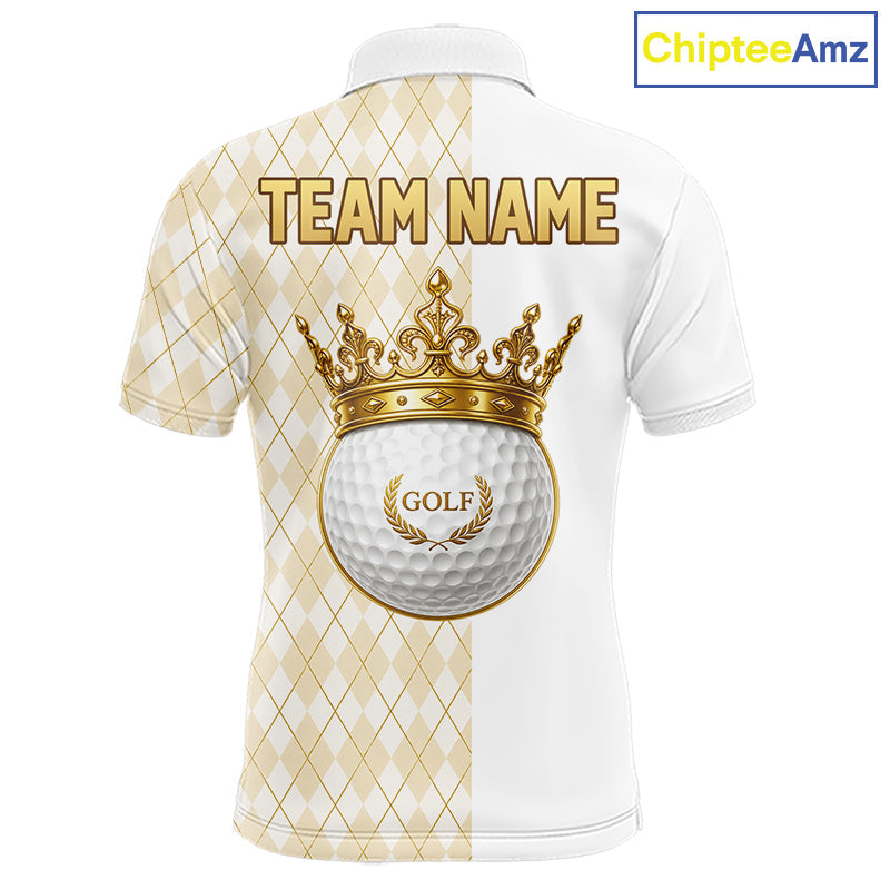 Crown Golf Ball Golf Polo Shirts Custom White And Gold Argyle Pattern Golf Team Attire
