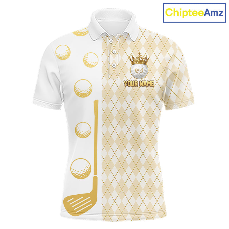 Crown Golf Ball Golf Polo Shirts Custom White And Gold Argyle Pattern Golf Team Attire
