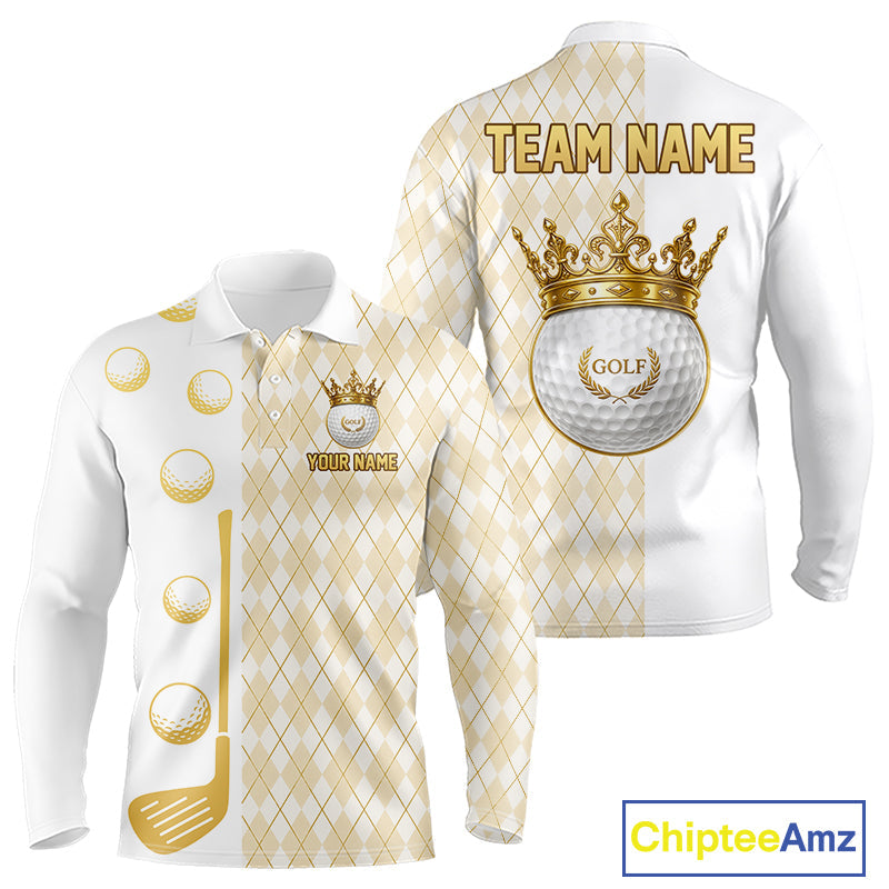 Crown Golf Ball Golf Polo Shirts Custom White And Gold Argyle Pattern Golf Team Attire