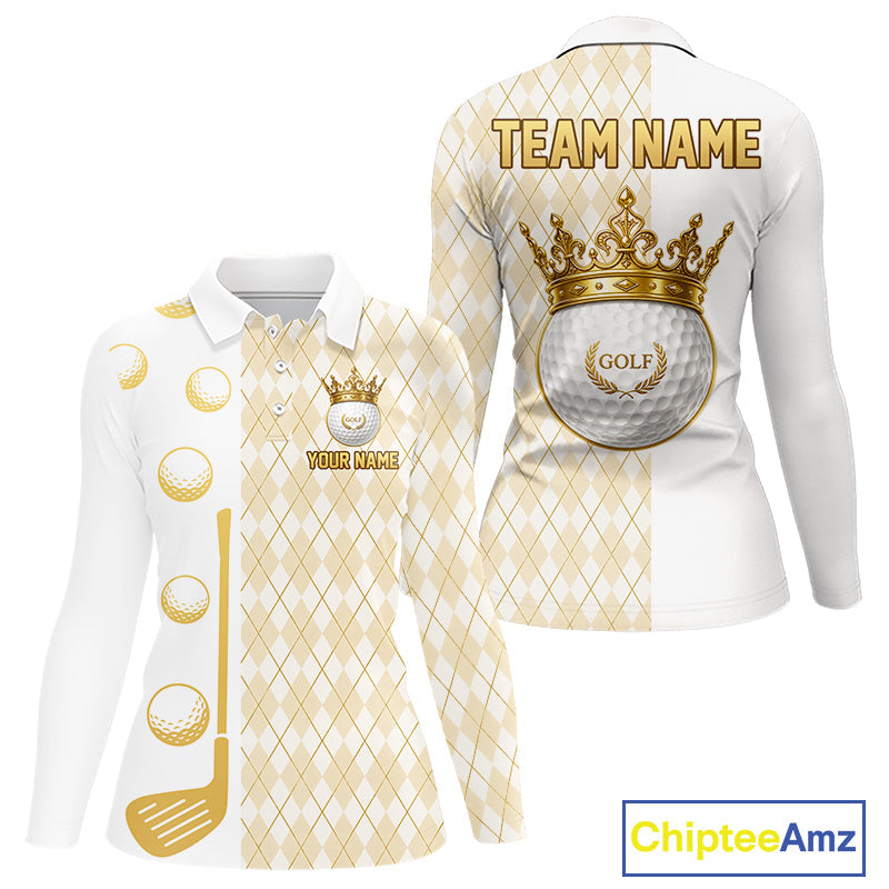 Crown Golf Ball Golf Polo Shirts Custom White And Gold Argyle Pattern Golf Team Attire