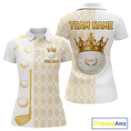 Crown Golf Ball Golf Polo Shirts Custom White And Gold Argyle Pattern Golf Team Attire