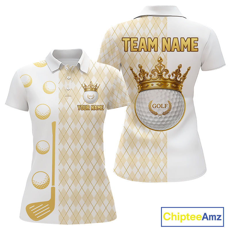 Crown Golf Ball Golf Polo Shirts Custom White And Gold Argyle Pattern Golf Team Attire
