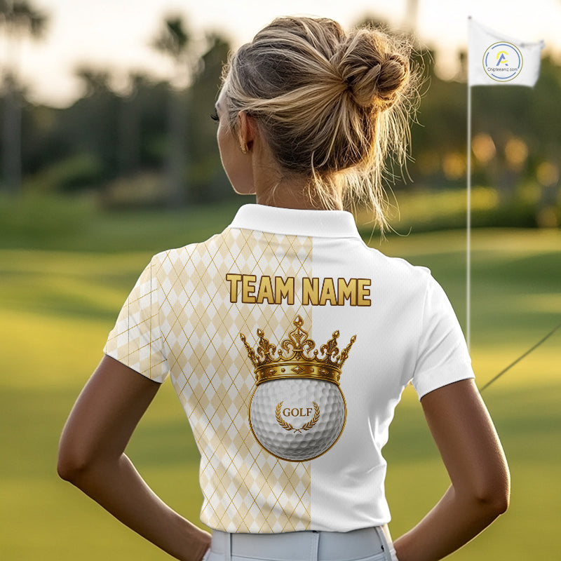 Crown Golf Ball Golf Polo Shirts Custom White And Gold Argyle Pattern Golf Team Attire