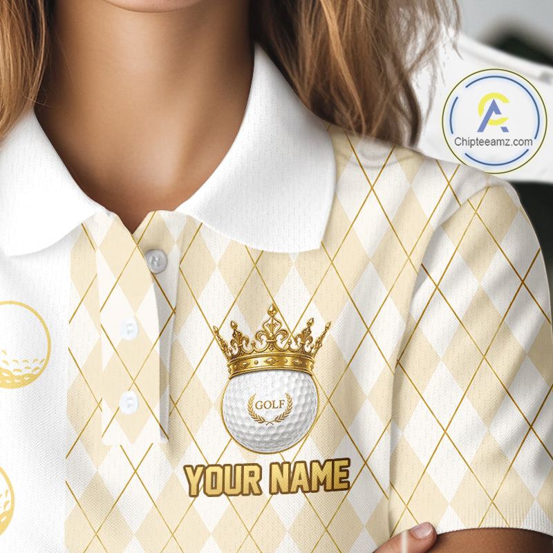 Crown Golf Ball Golf Polo Shirts Custom White And Gold Argyle Pattern Golf Team Attire