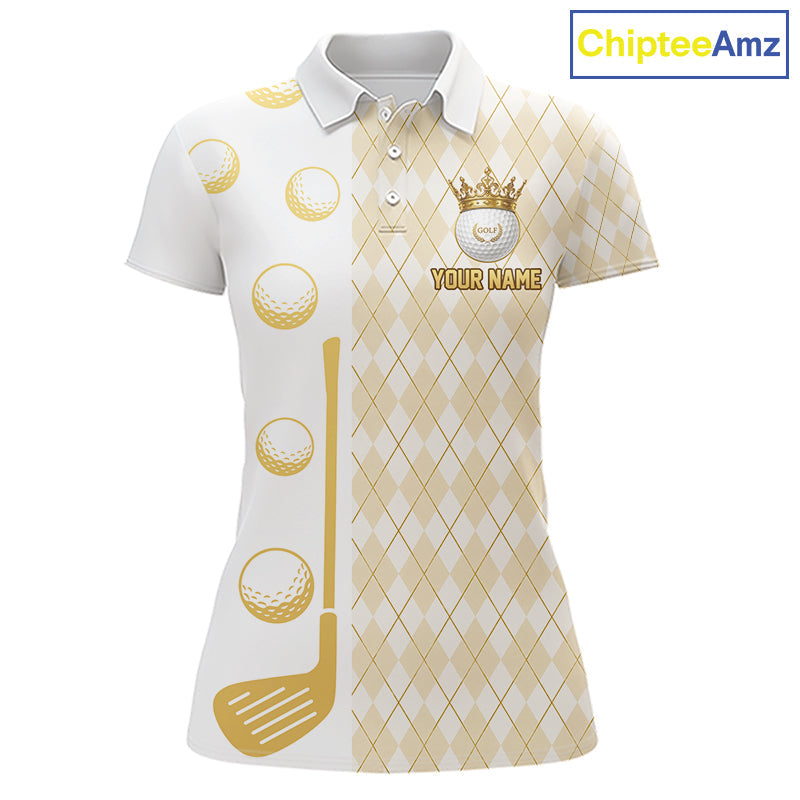 Crown Golf Ball Golf Polo Shirts Custom White And Gold Argyle Pattern Golf Team Attire