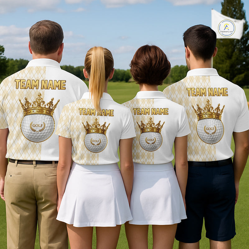 Crown Golf Ball Golf Polo Shirts Custom White And Gold Argyle Pattern Golf Team Attire