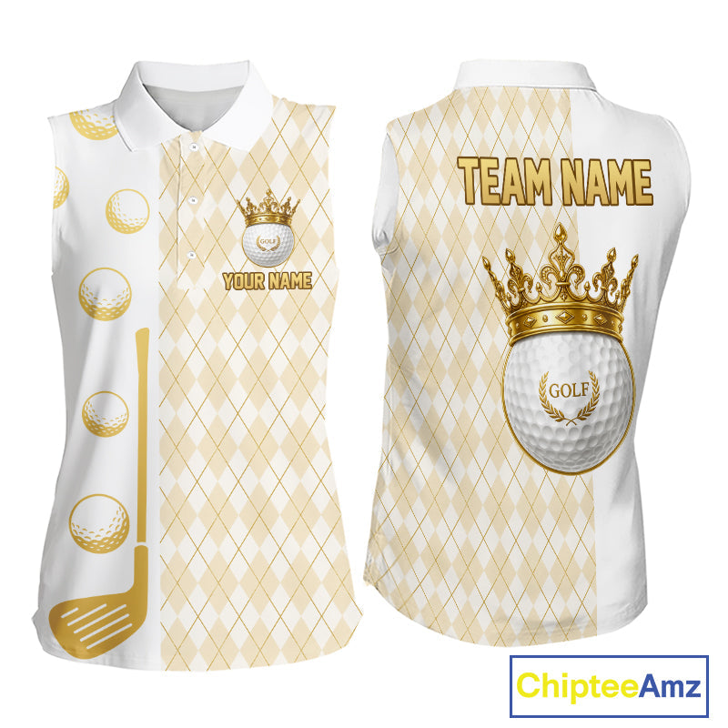 Crown Golf Ball Golf Sleeveless Polo Shirts Custom White And Gold Argyle Pattern Golf Team Attire