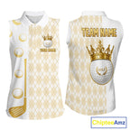 Crown Golf Ball Golf Sleeveless Polo Shirts Custom White And Gold Argyle Pattern Golf Team Attire