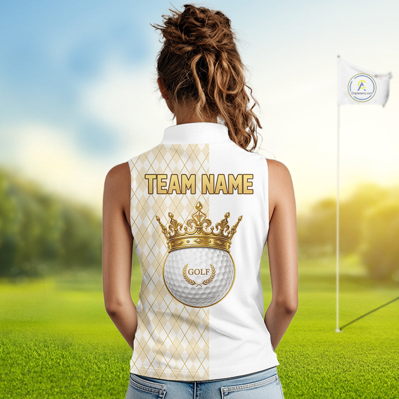 Crown Golf Ball Golf Sleeveless Polo Shirts Custom White And Gold Argyle Pattern Golf Team Attire