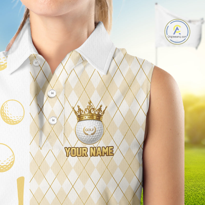 Crown Golf Ball Golf Sleeveless Polo Shirts Custom White And Gold Argyle Pattern Golf Team Attire